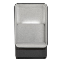 Gray upholstered chair with a sleek black base and minimalist design, featuring a smooth, clean texture.