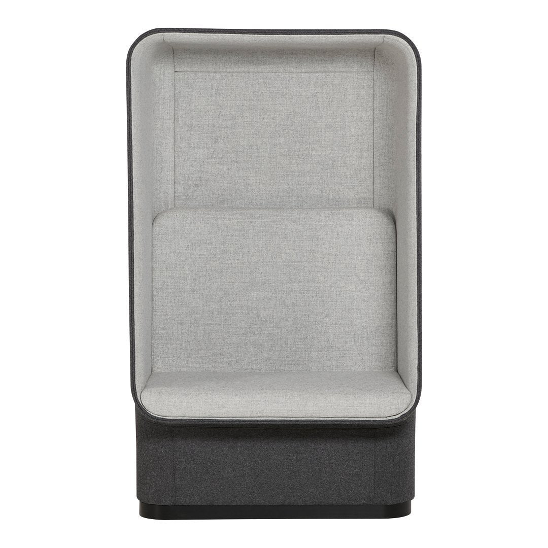Gray fabric high-backed chair with a sleek, minimalist design and a contrasting dark base.