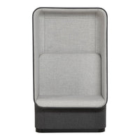 Gray fabric high-backed chair with a sleek, minimalist design and a contrasting dark base.