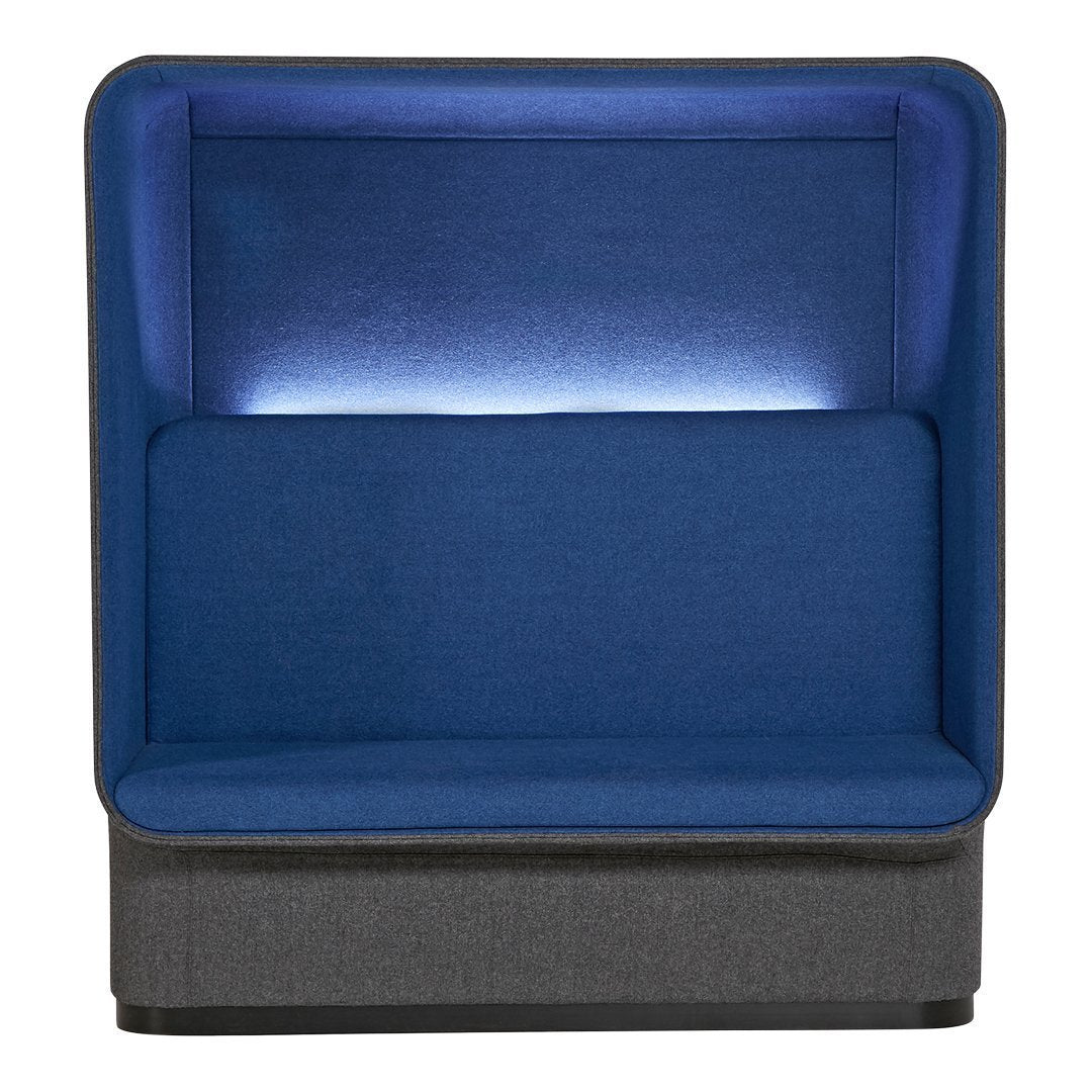 Blue fabric lounge chair with a sleek gray base and subtle backlighting for a modern look.