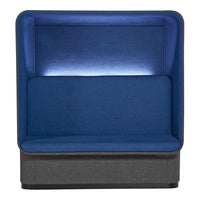Blue fabric lounge chair with a sleek gray base and subtle backlighting for a modern look.