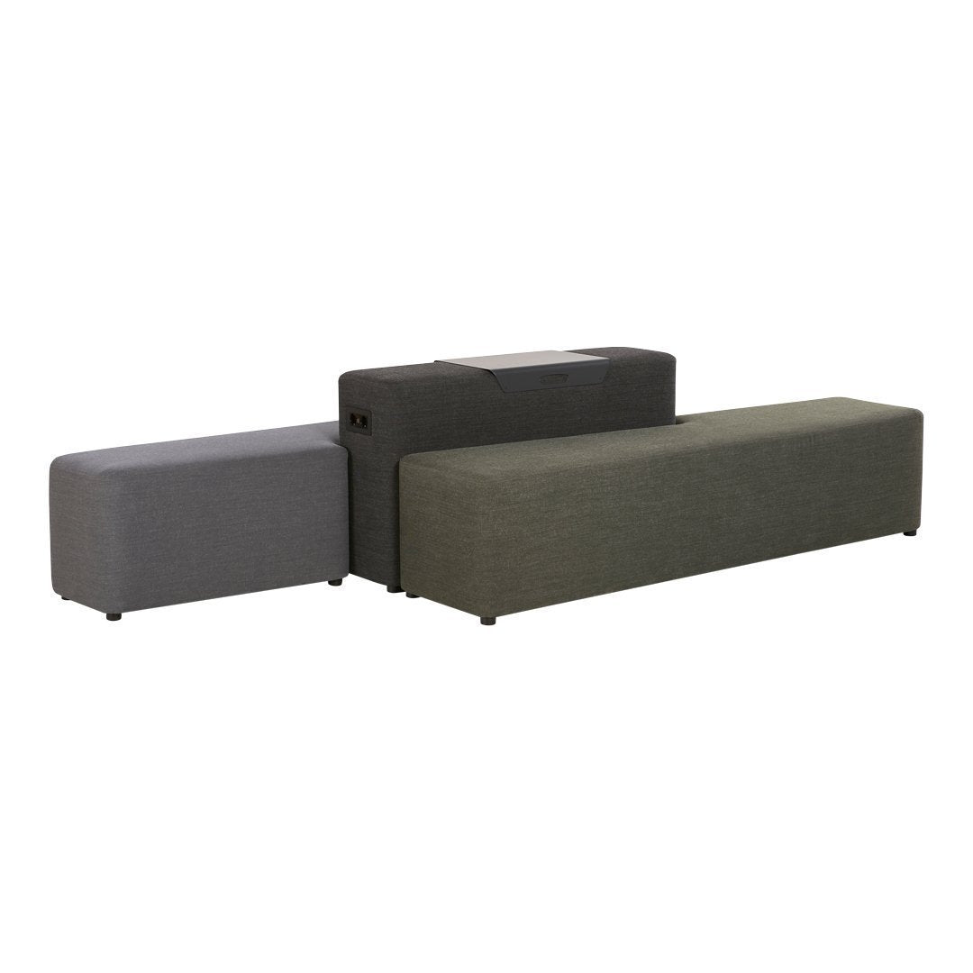 Three modular bench seating units in dark gray, light gray, and olive green fabrics. Modern, minimalist design.