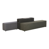 Three modular bench seating units in dark gray, light gray, and olive green fabrics. Modern, minimalist design.