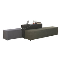 Modular sofa with gray and dark green upholstery, featuring smooth textures and minimalist design.