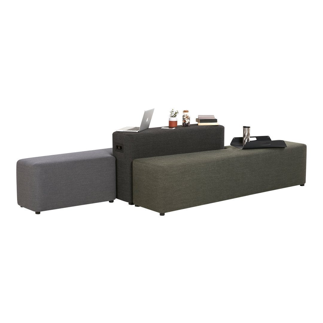 Stylish three-piece upholstered bench in charcoal gray, olive green, and light gray fabric with a textured pattern.