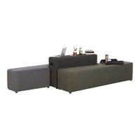 Stylish three-piece upholstered bench in charcoal gray, olive green, and light gray fabric with a textured pattern.