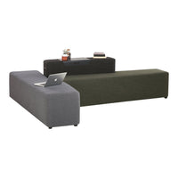 Modern sectional sofa in gray and dark green fabric with sleek, minimalist design and textured pattern.
