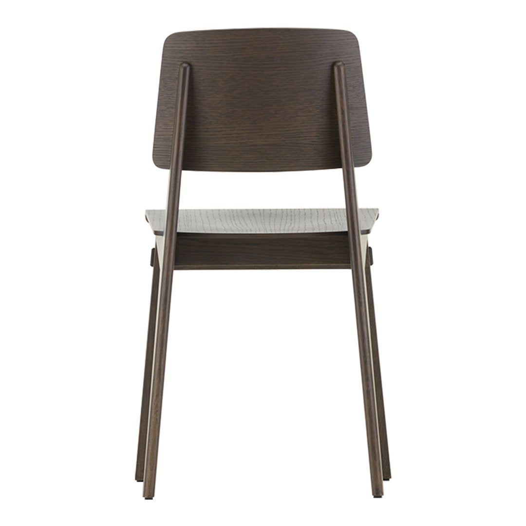 Brown wooden chair with a sleek, modern design and light grey seat cushion, featuring a minimalistic pattern.