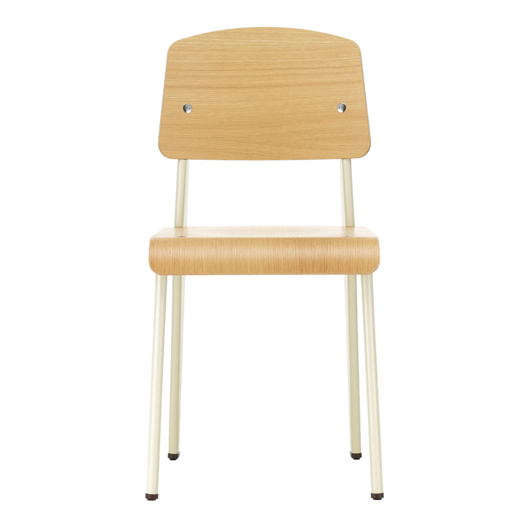 Natural wood finish with a smooth grain on seat and back, complemented by white metal legs for a sleek design.