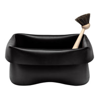 Black rectangular storage bin with a smooth surface, featuring a wood-handled brush for cleaning.