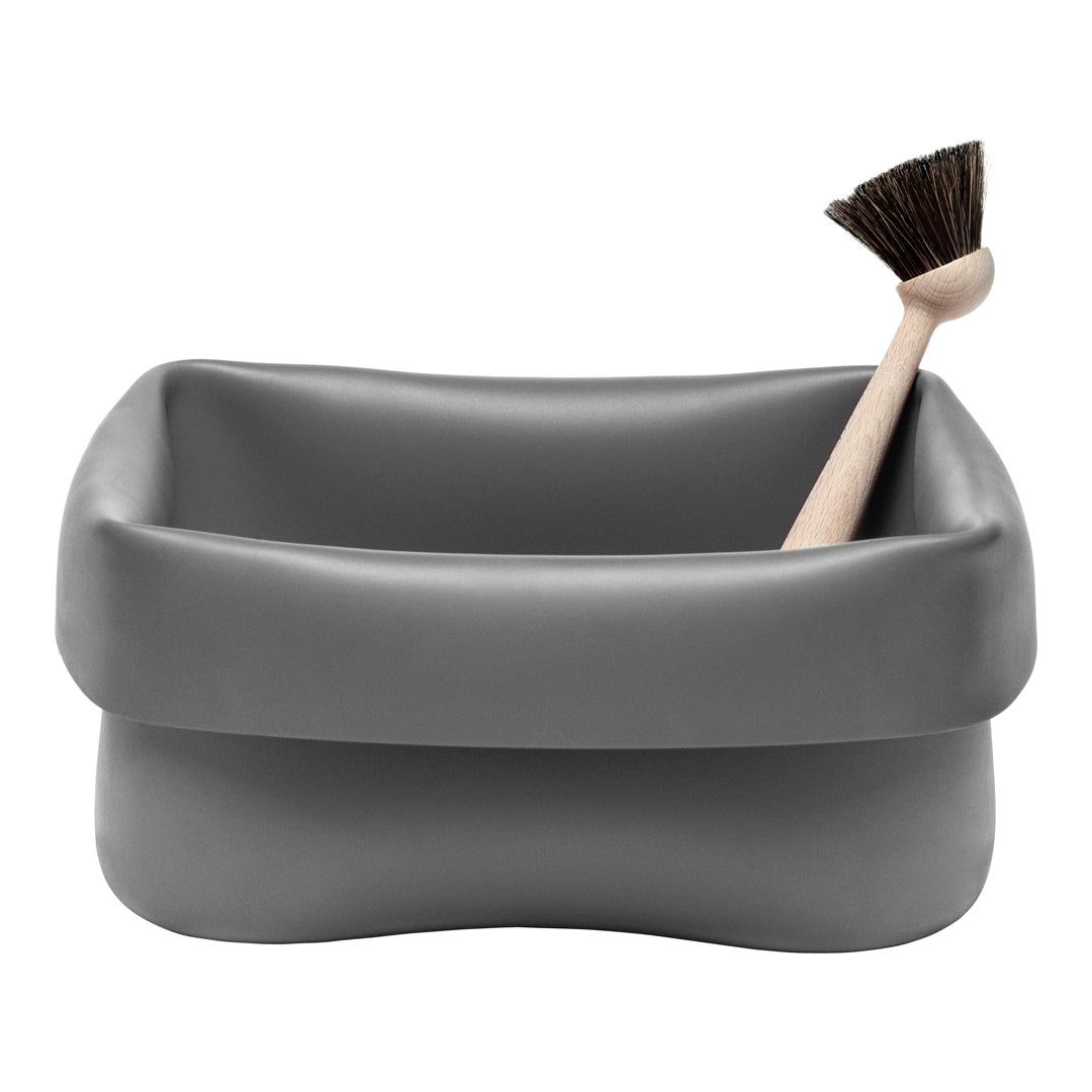 Gray rectangular storage container with a soft edge, featuring a wooden brush for added style.