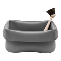 Gray rectangular storage container with a soft edge, featuring a wooden brush for added style.