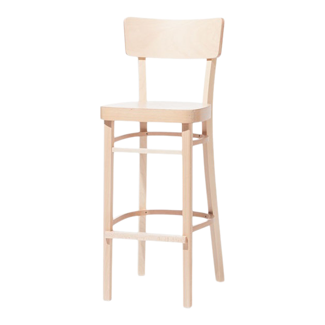 Natural wood bar stool with a smooth, light finish and simple, minimalist design. Perfect for modern spaces.
