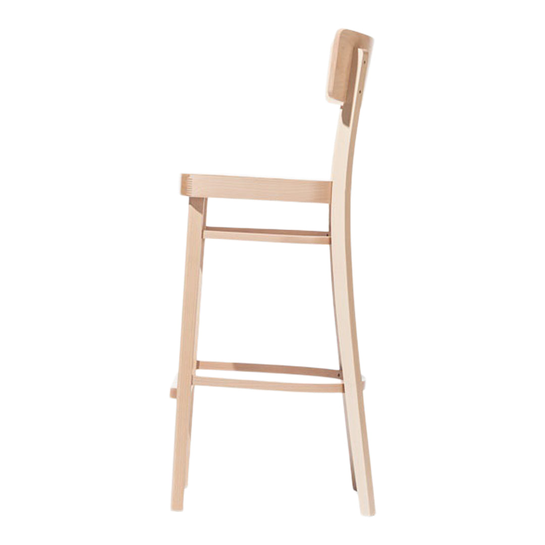Light wood bar stool with a smooth finish and simple, minimalist design, featuring natural wood grain patterns.