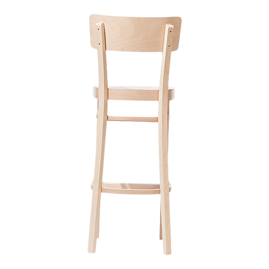 Back view of a natural wooden stool with a minimalist design and light, smooth finish. Simple and elegant.