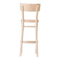 Back view of a natural wooden stool with a minimalist design and light, smooth finish. Simple and elegant.