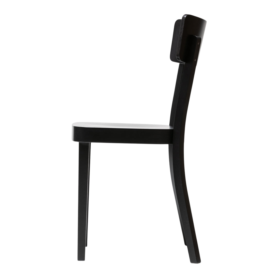 Black wooden chair with a sleek, minimalist design and smooth, curved lines. Perfect for modern decor.