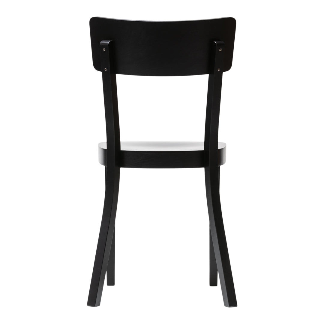 Black wooden chair with a sleek, minimalist design and contrasting white seat. Ideal for modern decor.