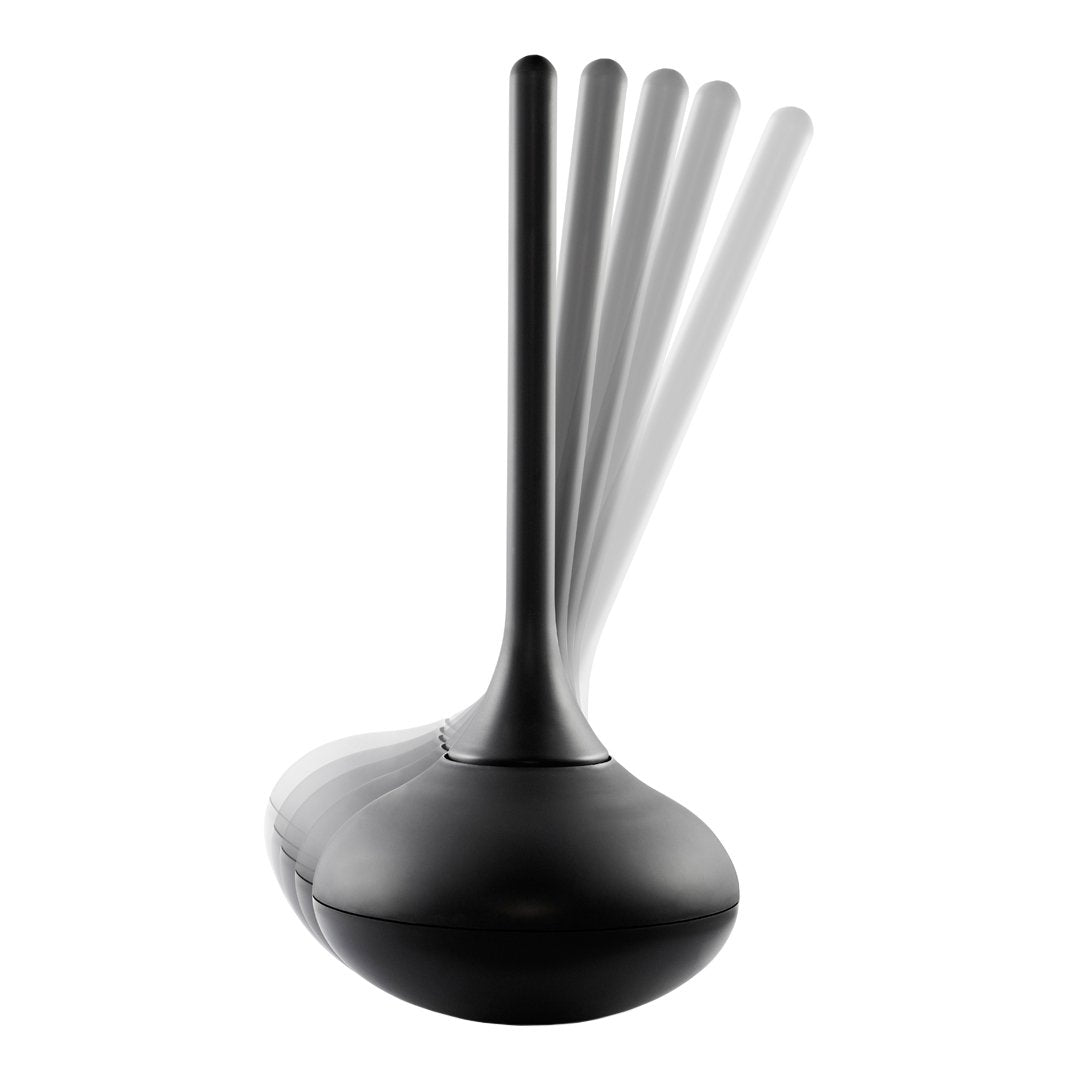 Sleek black design with smooth curves and a tapered top, featuring minimalistic lines for a modern aesthetic.