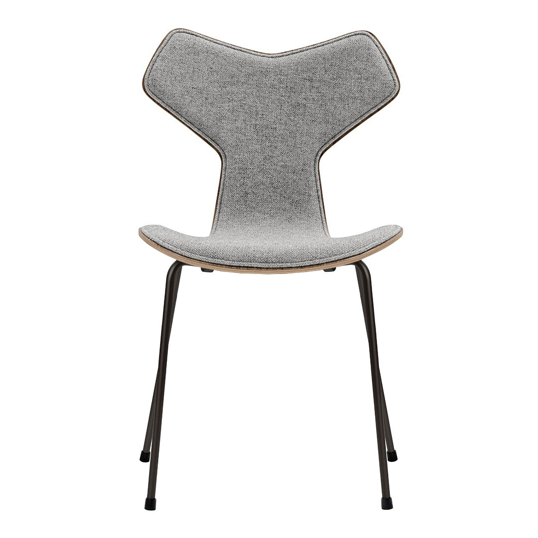 Gray fabric chair with a unique Y-shaped backrest and wooden seat edges, supported by sleek black metal legs.