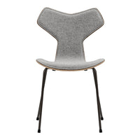 Gray fabric chair with a unique Y-shaped backrest and wooden seat edges, supported by sleek black metal legs.
