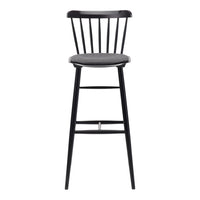 Black bar stool with grey cushion, featuring a classic spindle back design for stylish and modern decor.