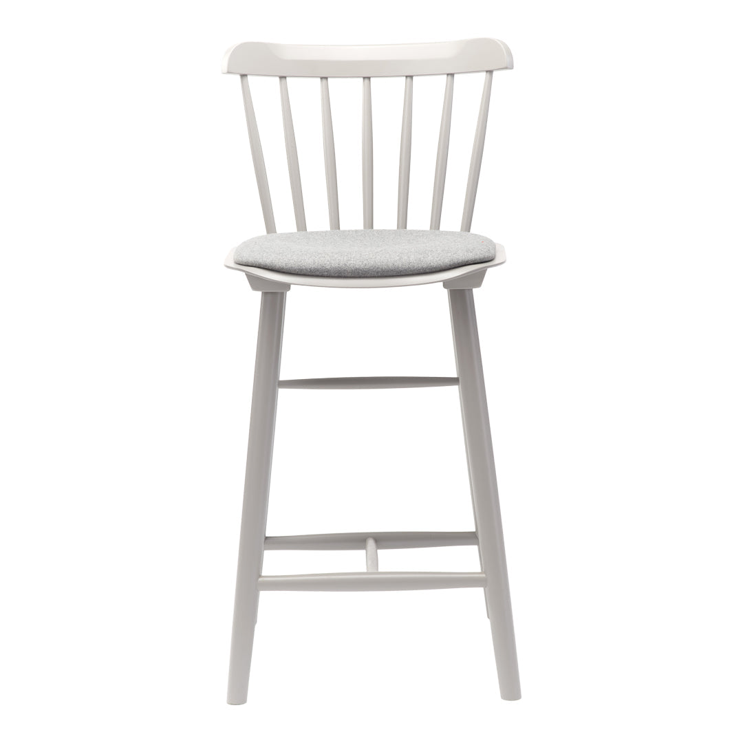 White bar stool with a light gray cushioned seat and vertical slat backrest, featuring a minimalist design.