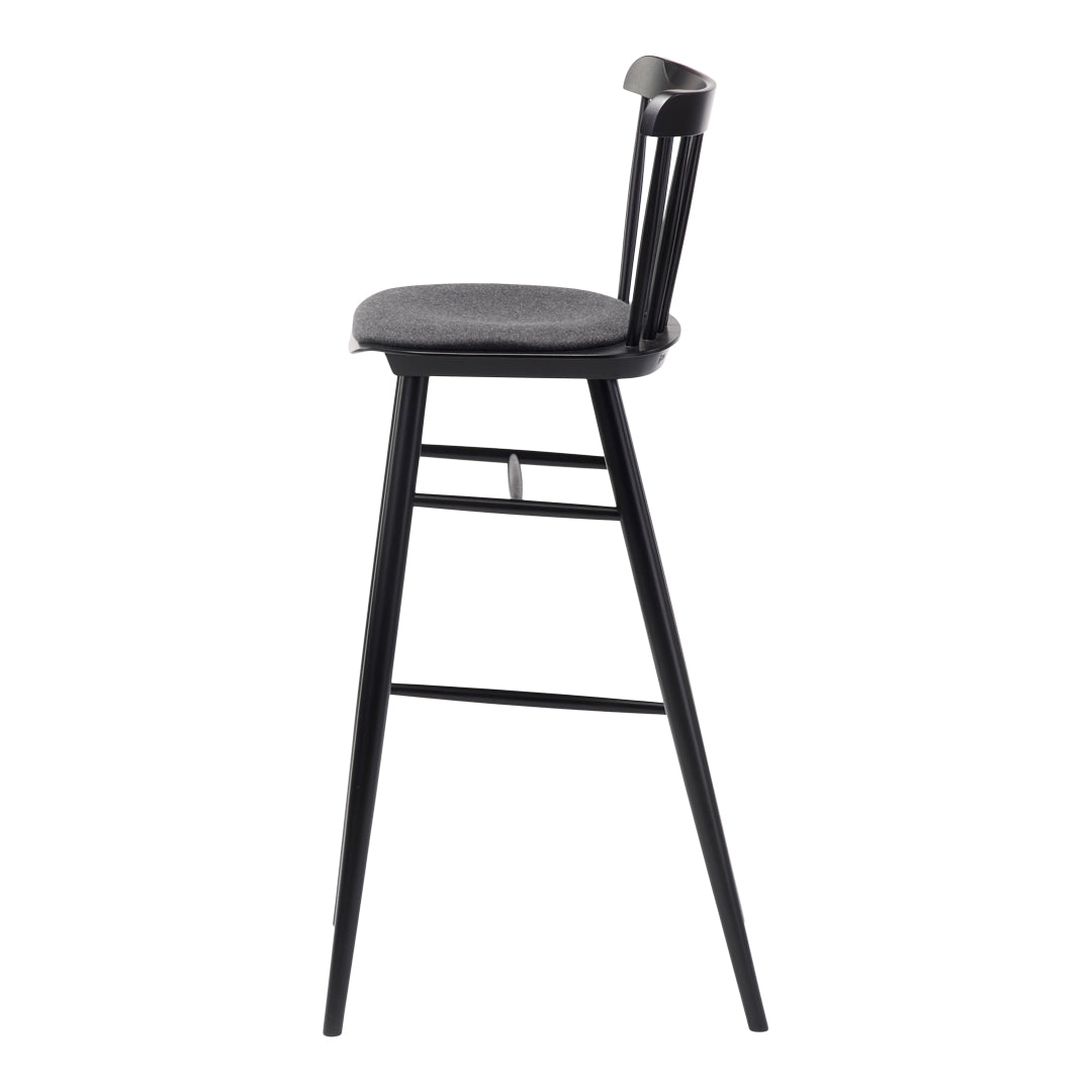 Black wooden bar stool with a gray upholstered seat and sleek, minimalist design. Ideal for modern decor.