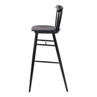 Black wooden bar stool with a gray upholstered seat and sleek, minimalist design. Ideal for modern decor.