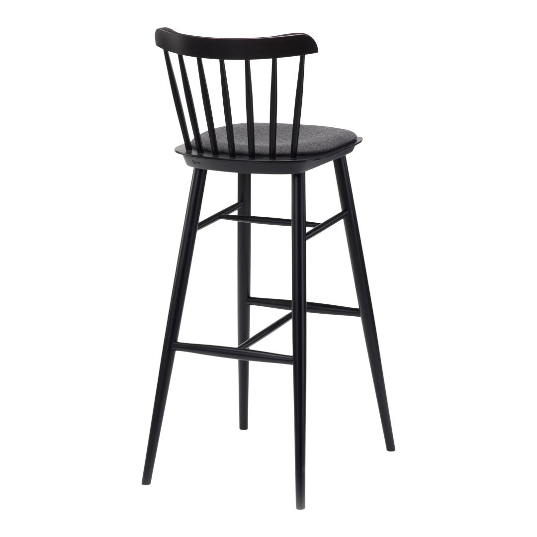Black wooden bar stool with a simple spindle back and sleek design, perfect for modern or minimalist decor.