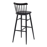 Black wooden bar stool with a simple spindle back and sleek design, perfect for modern or minimalist decor.