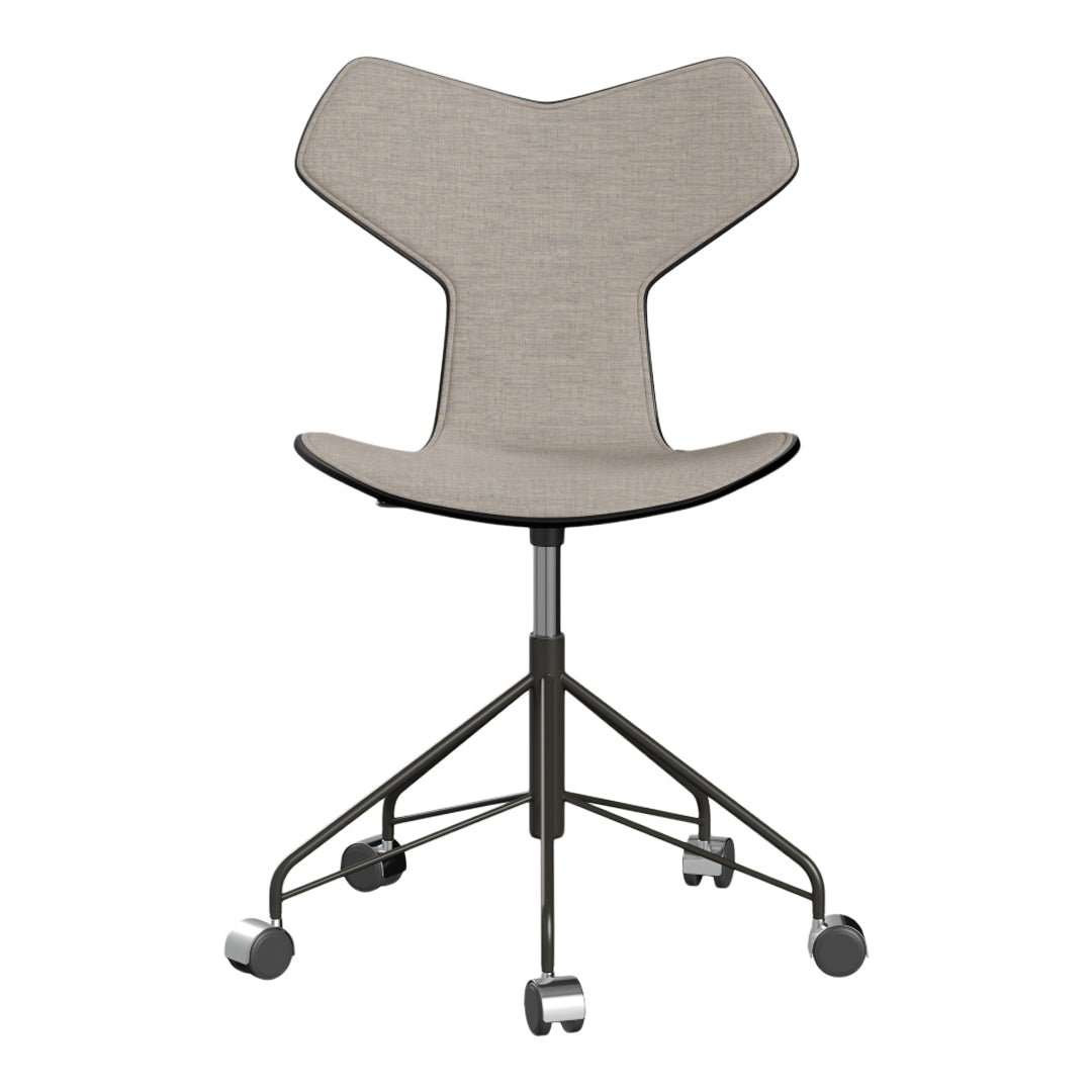 Gray upholstered chair with a modern design and black metal base, featuring a minimalist aesthetic and smooth wheels.