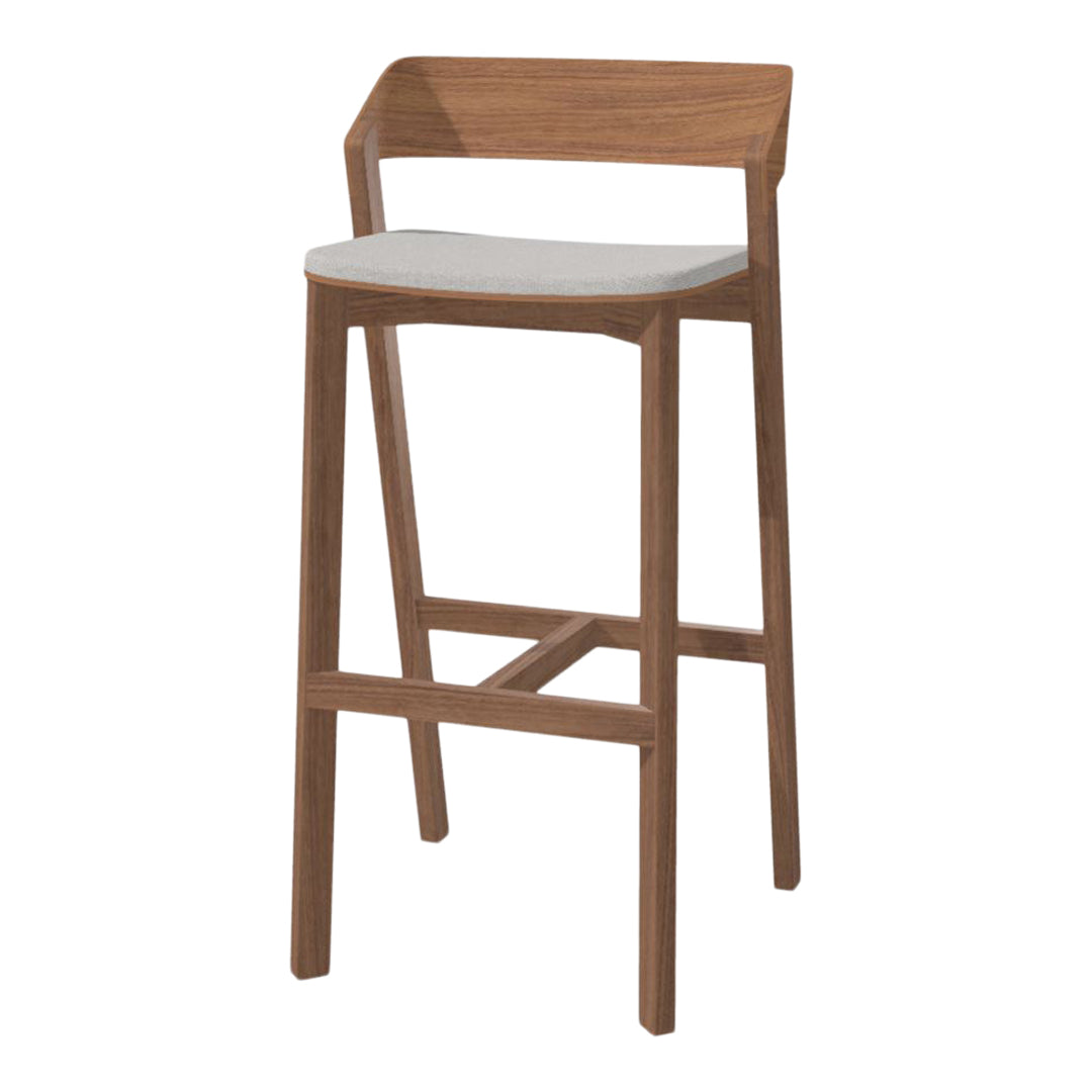 Wooden bar stool with a natural finish and a white padded seat, featuring a minimalist design and clean lines.