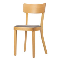 Light wood chair with a smooth natural finish and a gray upholstered seat. Simple, modern design.