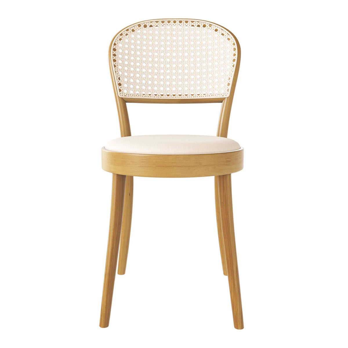 Cream upholstered seat chair with a natural wood frame and woven rattan backrest, showcasing a minimalist design.