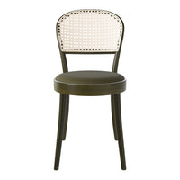 Green dining chair with a rattan-patterned backrest and a padded seat for a modern, stylish look.