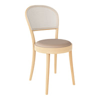 Light wood chair with a natural woven back and a soft beige seat cushion, showcasing minimalist design and neutral color palette.
