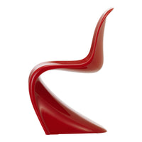 Glossy red plastic chair with a sleek, modern design and smooth, flowing curves. Ideal for contemporary decor.