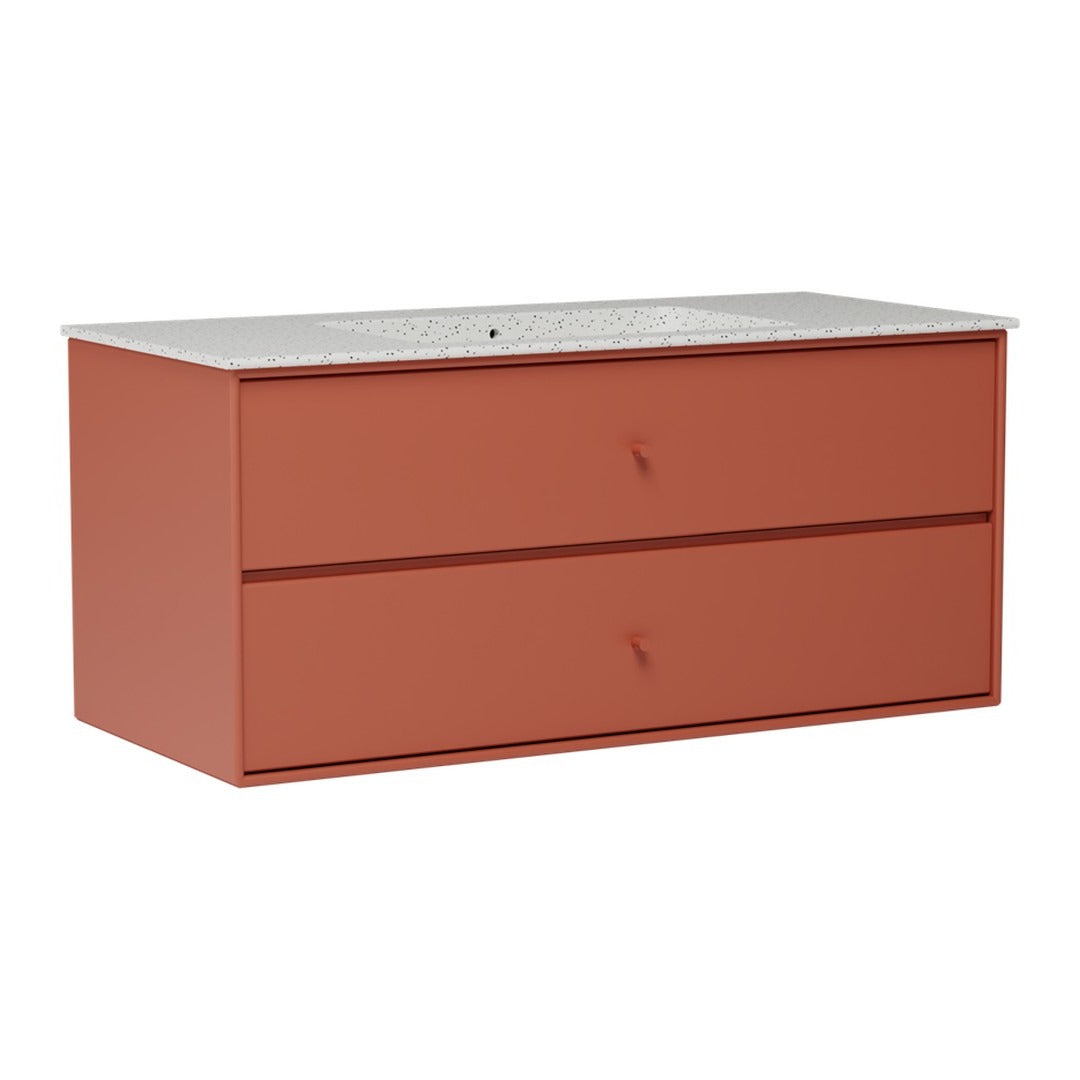 Terra cotta dresser with two drawers and a speckled white stone top, featuring a sleek, modern design.