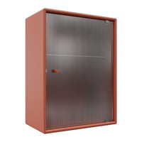 "Rust-colored cabinet featuring a sleek vertical ribbed pattern and a silver-toned front."
