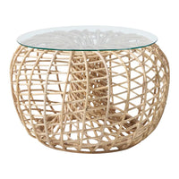 Natural woven rattan table base with a circular glass top, showcasing a light tan color and intricate crisscross pattern.