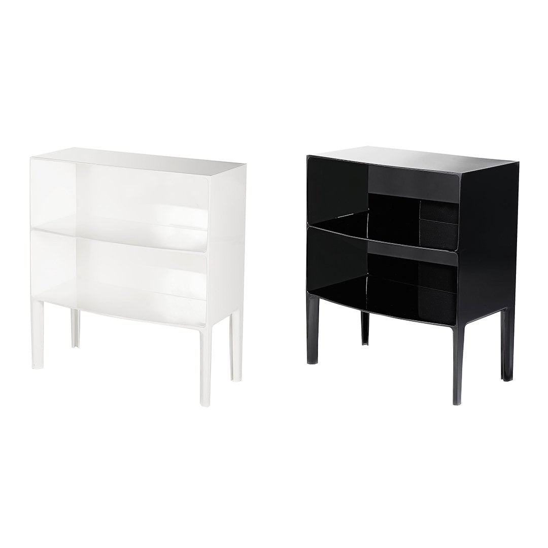 Two modern nightstands in glossy black and white finishes with a sleek, minimalist design. Ideal for contemporary decor.