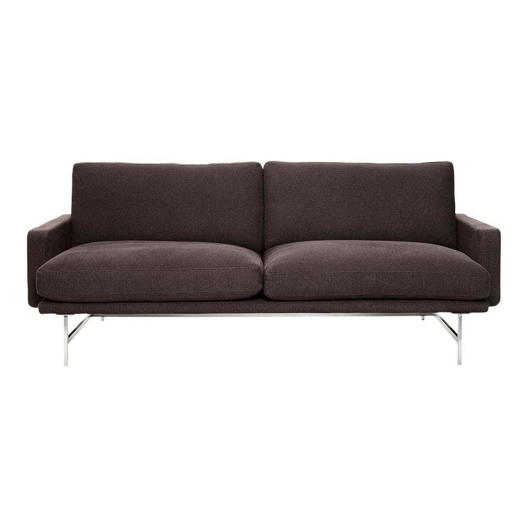 Modern dark brown sofa with a sleek design and smooth fabric, featuring clean lines and minimalist chrome legs.