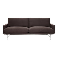 Modern dark brown sofa with a sleek design and smooth fabric, featuring clean lines and minimalist chrome legs.