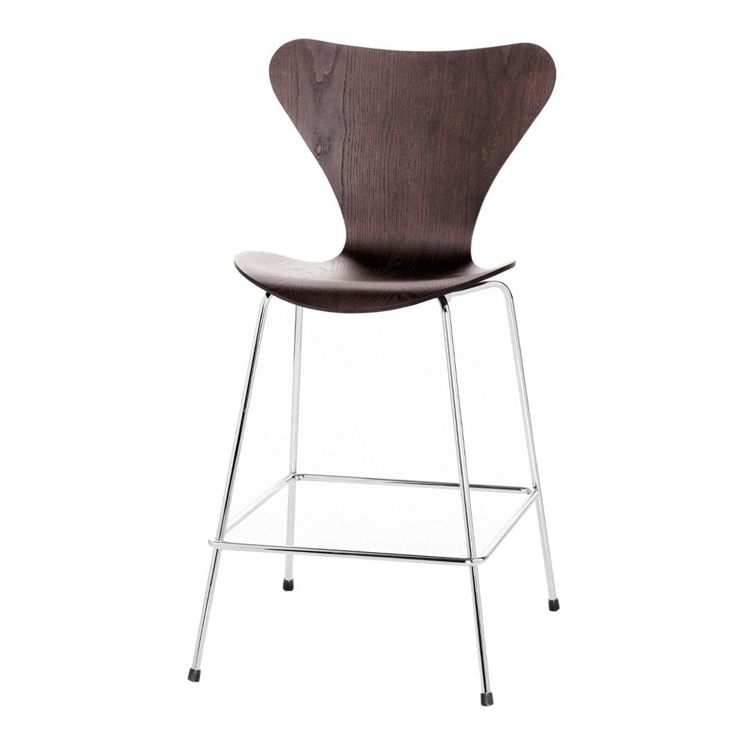 Dark wood bar stool with a sleek, minimalist design and chrome legs, featuring a smooth, curved backrest.