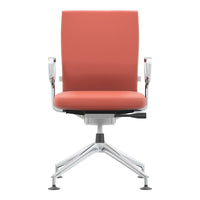 Coral-colored ergonomic chair with sleek chrome base and minimalist design, ideal for modern office spaces.