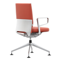 Orange upholstered chair with a sleek white backrest and chrome base, offering a modern and stylish design.
