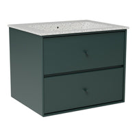 Dark green bathroom vanity with a speckled white countertop and two smooth drawers. Stylish and modern design.