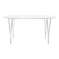 Sleek white oval table with metallic silver legs, featuring a minimalist, modern design. Ideal for contemporary spaces.