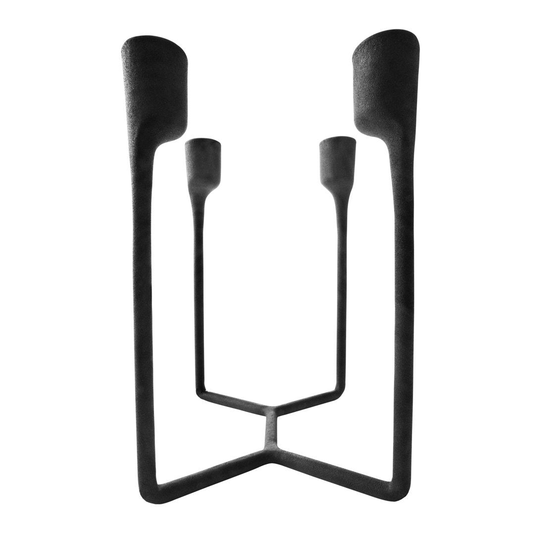 Sleek black metal candle holder with a unique geometric design, featuring four tapered holders.